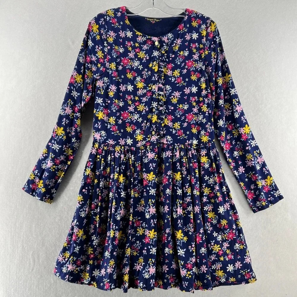 Sergent Major Dress Sz 146cm 11Y A-Line Floral Button Front Ruffled Pleated Blue